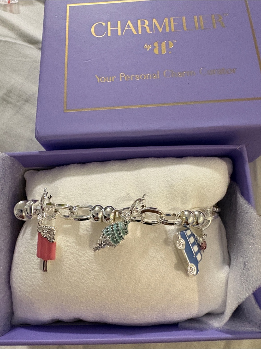 Silver Charm Bracelet with Pink Popsicle, Turquoise Shell & Blue Car Charms